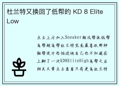 杜兰特又换回了低帮的 KD 8 Elite Low