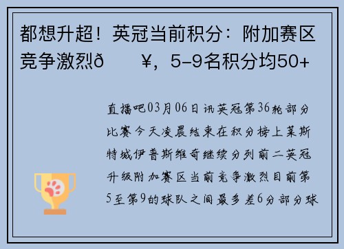 都想升超！英冠当前积分：附加赛区竞争激烈🔥，5-9名积分均50+