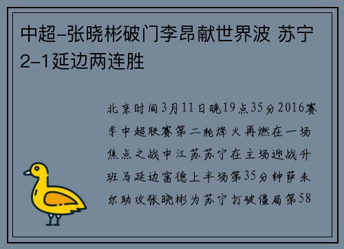 中超-张晓彬破门李昂献世界波 苏宁2-1延边两连胜